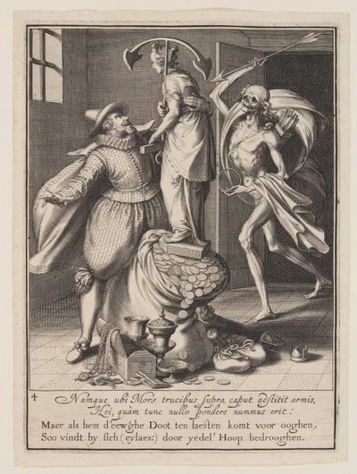 人を打ち落とそうとする矢を持った死（『世俗財産の誤用の寓意』より 作： Willem van Swanenburgh