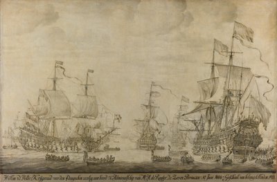 1666 年 6 月 10 日、Michiel Adriaensz de Ruyter の旗艦である The Seven Provinces に乗った戦争評議会、4 日間の戦いの前: 第二次英蘭戦争のエピソード 作： Willem van de Velde (I)