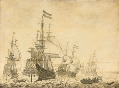 ドレンテ族とフレデリック ヘンリー王子を含むオランダ軍兵士のいる海景 作： Willem van de Velde (I)