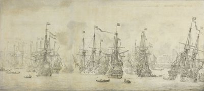 1665 年 8 月 12 日、ノルウェーのベルゲン港での帰還艦隊に対するイギリス軍の攻撃の失敗: 第二次英蘭戦争のエピソード 作： Willem van de Velde (I)