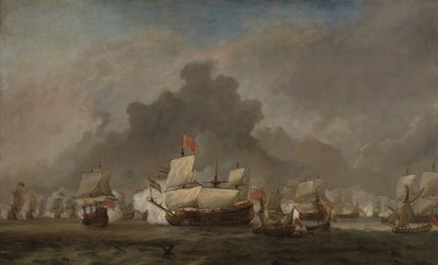 1672 年 6 月 7 日のソールベイの戦いでのロイヤル プリンス号でのミヒール アドリアエンス デ ルイテルとヨーク公の海戦: 第三次英蘭戦争のエピソード 作： Willem van de Velde (II)