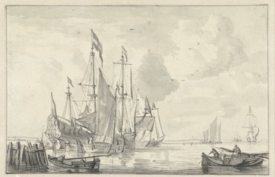 海岸近くの穏やかな水にいくつかの船がある海の風景 作： Willem van de Velde (II)