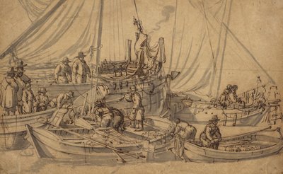 小型商船の図、c.1650-5（ペン、ブラウンインク、ウォッシュドローイング） 作： Willem van de Velde