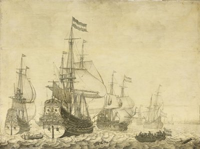 ドレンテとフレデリックヘンリー王子を含むオランダの戦争の男性と海の風景、1670年頃（パネルに絵画） 作： Willem van de Velde