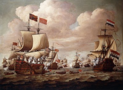 1684年にフォアグラウンドで「プリンス」と「ゴーデンレーウ」と海上で敬礼を交換するイギリスとオランダの艦隊 作： Willem van de Velde