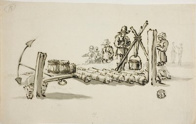 大砲、火薬樽、錨を持った男たち 作： Willem van de Velde I