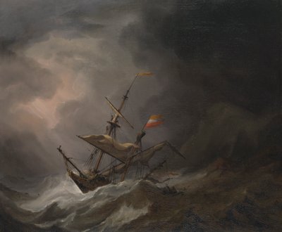 嵐の中、岩だらけの海岸に漂着した地中海のブリガンチン、1700年頃、油彩・カンヴァス 作： Willem van de Velde the Younger
