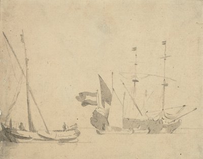 桟橋のボイエと停泊中のオランダ船、1665年頃（グレーのウォッシュ仕上げ） 作： Willem van de Velde the Younger