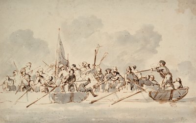 バーバリーの海賊とのボートでの戦い、1685年頃（ドローイング） 作： Willem van de Velde the Younger