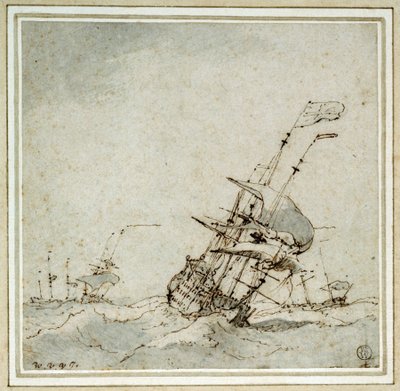 嵐から逃れるために疾走する旗艦（旗手）。ウィレム・ファン・デ・ヴェルデ（1633-1707）作、1700年頃の作品。 作： Willem van de Velde the Younger