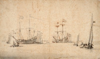 自由に走るカーグと錨を降ろす2隻のオランダ旗艦 1665年頃 （ペン、褐色インク、灰色水彩） 作： Willem van de Velde the Younger