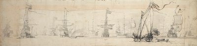 帆を張ったヨットと錨を下ろした船、1665年頃（黒鉛、グレーのウォッシュ仕上げ） 作： Willem van de Velde the Younger