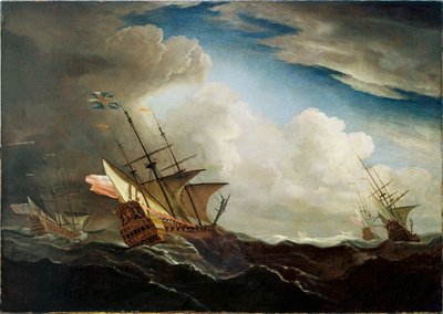 疾風に煽られながら風上に向かう海上のイギリス船、1690年頃、油彩・カンヴァス 作： Willem van de Velde the Younger