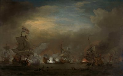 Gouden LeeuwのCornelis TrompとRoyal PrinceのSir Edward Spraggeの間の毎晩の海戦 作： Willem van de Velde the Younger
