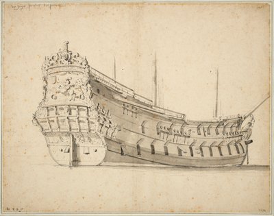 1658年頃に建造され、1683年に難破した「プリンス・テ・パール号」の肖像画、1666年頃（黒鉛、灰色水彩） 作： Willem van de Velde the Younger