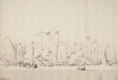 オレンジ公を讃えるアムステルダムのY川のページェント、1660年6月5日/15日、1675年頃（ペン、水彩） 作： Willem van de Velde the Younger