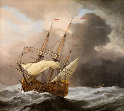 1678-80年、疾風にさらされた英国船ハンプトン・コート号。   作： Willem van de Velde the Younger