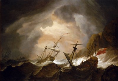 岩だらけの海岸近くで嵐に遭い難破する2隻のイギリス船。キャンバスに油彩、1700年頃、ウィレム・ファン・デ・ヴェルデ（1633-1707）作。 作： Willem van de Velde the Younger