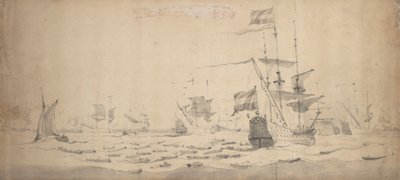 そよ風に横たわるオランダ艦隊：海戦会議 1665年頃（黒鉛、灰色水彩） 作： Willem van de the Elder Velde