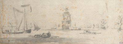 軽空のガリオットと数隻のはしけ、1681年頃（黒鉛、灰色水彩） 作： Willem van de the Elder Velde