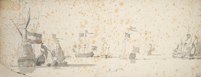 停泊中のオランダ船とヨット、1664年頃（黒鉛、灰色ウォッシュ仕上げ） 作： Willem van de the Elder Velde