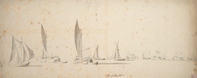 微風にあおられる曳き舟、ウィズチップとウォーターチップ、1664年頃（黒鉛、灰色水彩） 作： Willem van de the Elder Velde