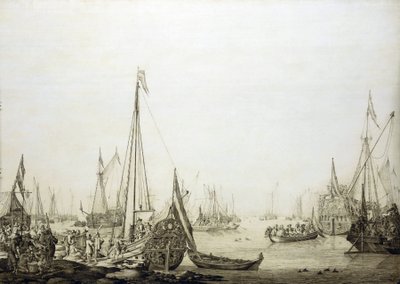 混雑した港に停泊するさまざまな船。この絵は、1660年、イングランド王位復権中のチャールズ2世（1630-1685）のハーグ（オランダ）への航海にちなんで描かれた。 作： Willem van de the Elder Velde