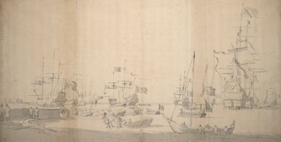 混雑した港で陸揚げされるウェイシュイット（1672年頃、黒鉛画） 作： Willem van de the Elder Velde