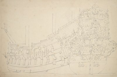 アムステルダムの船（おそらくインディアマン）、約50門の砲、1670年頃（黒鉛画 作： Willem van de the Elder Velde
