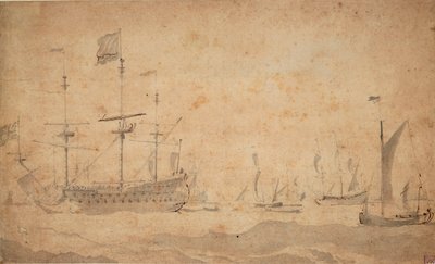 おそらく1673年6月、停泊中のイギリス旗艦（グレー・ウォッシュ）1673年頃 作： Willem van de the Elder Velde