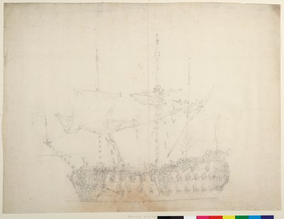 左舷船首を閉じた状態から見たイギリス3流60門船 1673年頃（オフセットあり） 作： Willem van de the Elder Velde