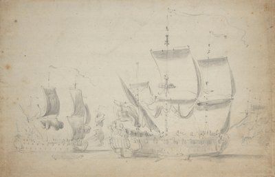 帆を張るイギリスの2階建て船、1675年頃（鉛筆、水彩） 作： Willem van de the Elder Velde