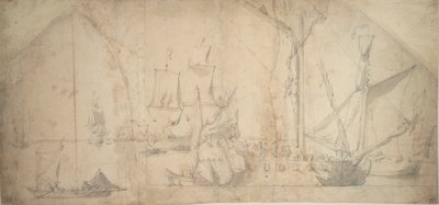 帆を張って停泊中の英国ヨット 作： Willem van de the Elder Velde