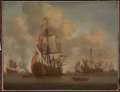 凪：帆を広げた英国の2階建て船が敬礼の砲火を放つ 作： Willem van de the Elder Velde