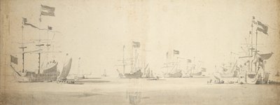 停泊中のオランダの旗艦と並走する船、1664年頃（黒鉛、グレーのウォッシュ仕上げ） 作： Willem van de the Elder Velde