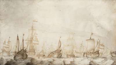 北海に浮かぶオランダのニシン漁船。水墨画（27.4x47.6cm）、ウィリアム・ファン・デ・ヴェルデ長老（1611-1693年頃）作、1650年頃。 作： Willem van de the Elder Velde