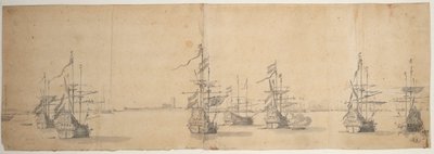 低い海岸に停泊するオランダ船、1658年頃（黒鉛、グレーのウォッシュ仕上げ） 作： Willem van de the Elder Velde