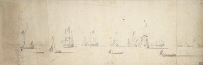沖に停泊するオランダ船、1664年頃（黒鉛、灰色水彩） 作： Willem van de the Elder Velde