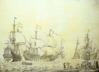 海岸近くに停泊するオランダ船 作： Willem van de the Elder Velde