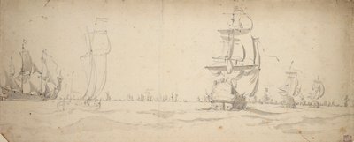 主力艦隊に向かって走り下りるオランダ船、5月？1672年頃（黒鉛、灰色水彩） 作： Willem van de the Elder Velde
