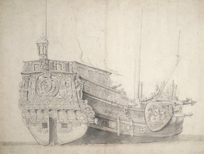 オランダ王子のヨットの肖像 1660年頃（黒鉛、灰色ウォッシュ） 作： Willem van de the Elder Velde