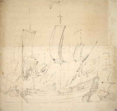 ジョージ」号の肖像画？1672年購入の火力船、6門、1674年基礎工事のため沈没、1673年頃（オフセット、黒チョーク） 作： Willem van de the Elder Velde