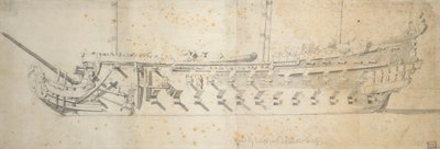1670年に「パリ」として建造され、1671年に改名、1690年に廃船となった70～80門の船「ロイヤル・テレーズ」（？ 作： Willem van de the Elder Velde