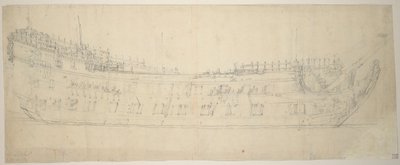 1621年に建造され、1653年に再建された64門の「Swiftsure」の肖像画 作： Willem van de the Elder Velde