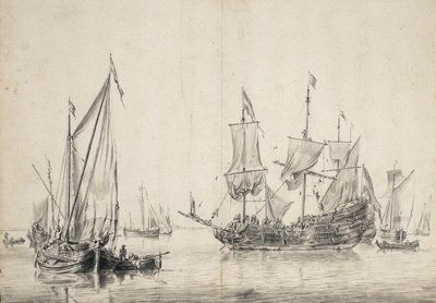 帆船と帆を乾かすオランダのフリゲート。素描と水彩（26x37cm）、ウィリアム・ファン・デ・ヴェルデ・ラン（1611-1693年頃）作、1665年頃。 作： Willem van de the Elder Velde