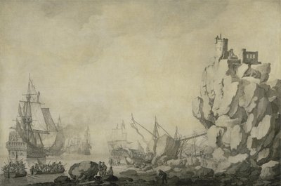岩の多い海岸の船と民兵、1680年頃（準備された帆布にペンとインク） 作： Willem van de the Elder Velde