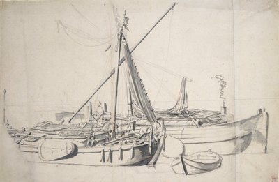 並んで横たわるダムルーパーとスモルスキップの習作 1665年頃（黒鉛、灰色水彩） 作： Willem van de the Elder Velde