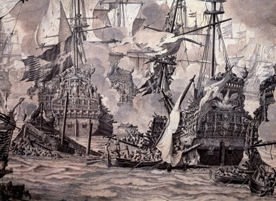 1658年11月8日、オランダ艦隊とスウェーデン艦隊の間で行われた「サウンドの戦い」。詳細 - 油彩・水墨画 作： Willem van de the Elder Velde