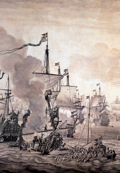 1658年11月8日、オランダ艦隊とスウェーデン艦隊の間で行われた「サウンドの戦い」。詳細 - 油彩・水墨画 作： Willem van de the Elder Velde