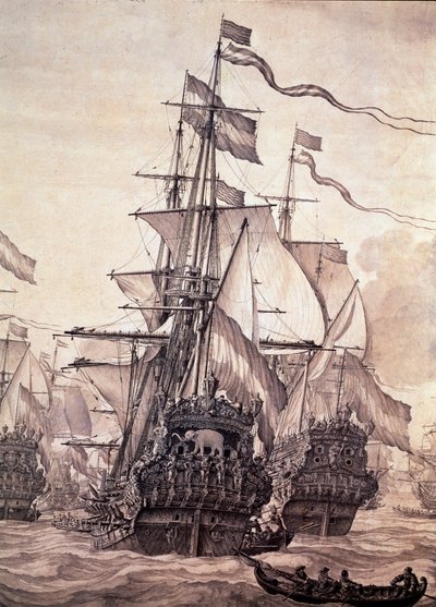 1672年のオランダ船団。詳細 - 油彩・キャンバス 作： Willem van de the Elder Velde